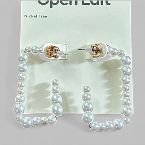 Open Edit-Faux Pearl Rectangle Earrings-white/Gold-NWT - Picture 3 of 6